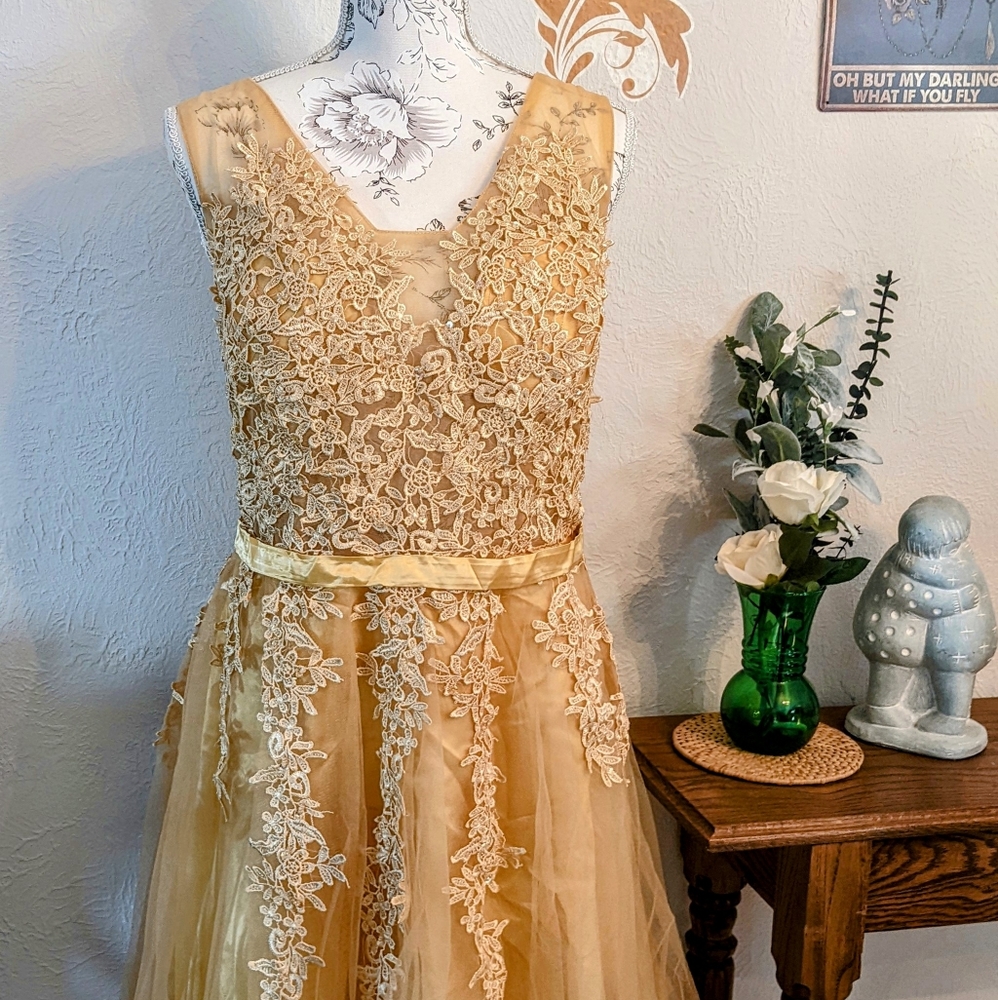 Gold short cocktail tulle/applique dress. NWT Fits like size 12.